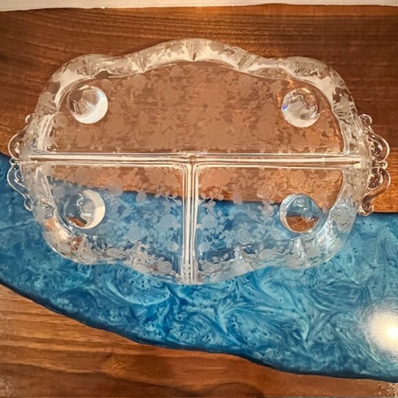 Cambridge Rose Point Etched Glass Divided 3 Part Footed Relish Dish with Handles - Picture 6 of 6